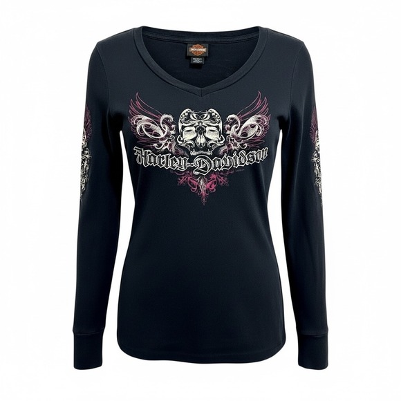 Harley-Davidson Tops - Harley-Davidson Shirt Women Small Black Long Sleeve Skull Wings Graphic V-Neck